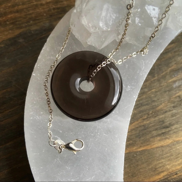 Smokey Quartz donut sterling silver necklace/worry stone healings crystal - Picture 2 of 5